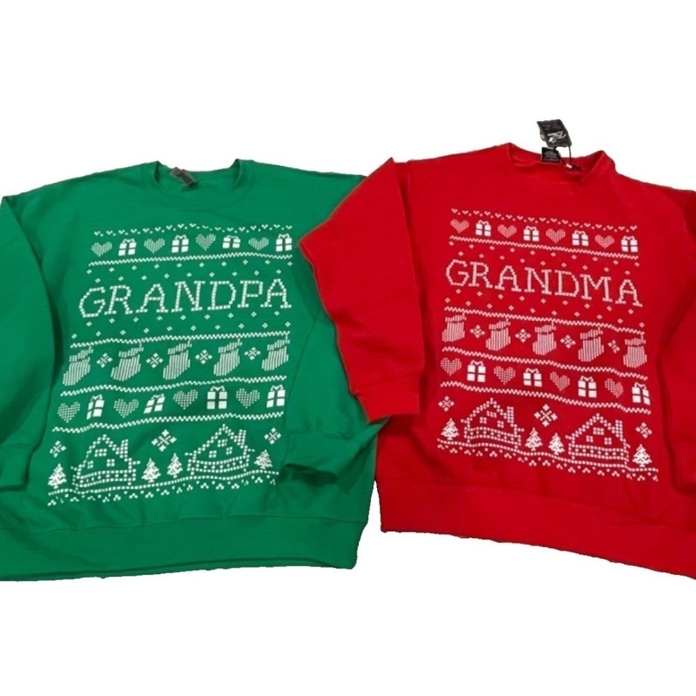 GRANDMA/GRANDPA Graphic Print Christmas Sweatshirt Set; Red/Green; Size M/L; NEW